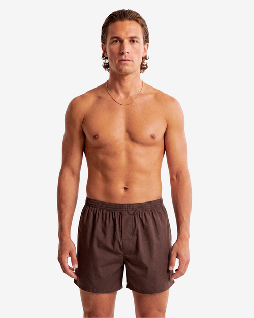 Model wearing Son of John Espresso Brown boxer shorts, front view
