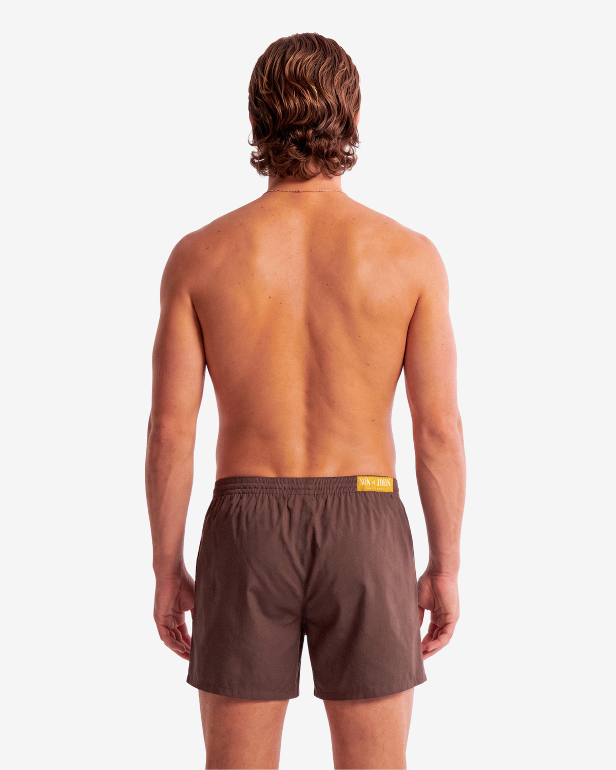 Model wearing Son of John Espresso Brown boxer shorts, back view