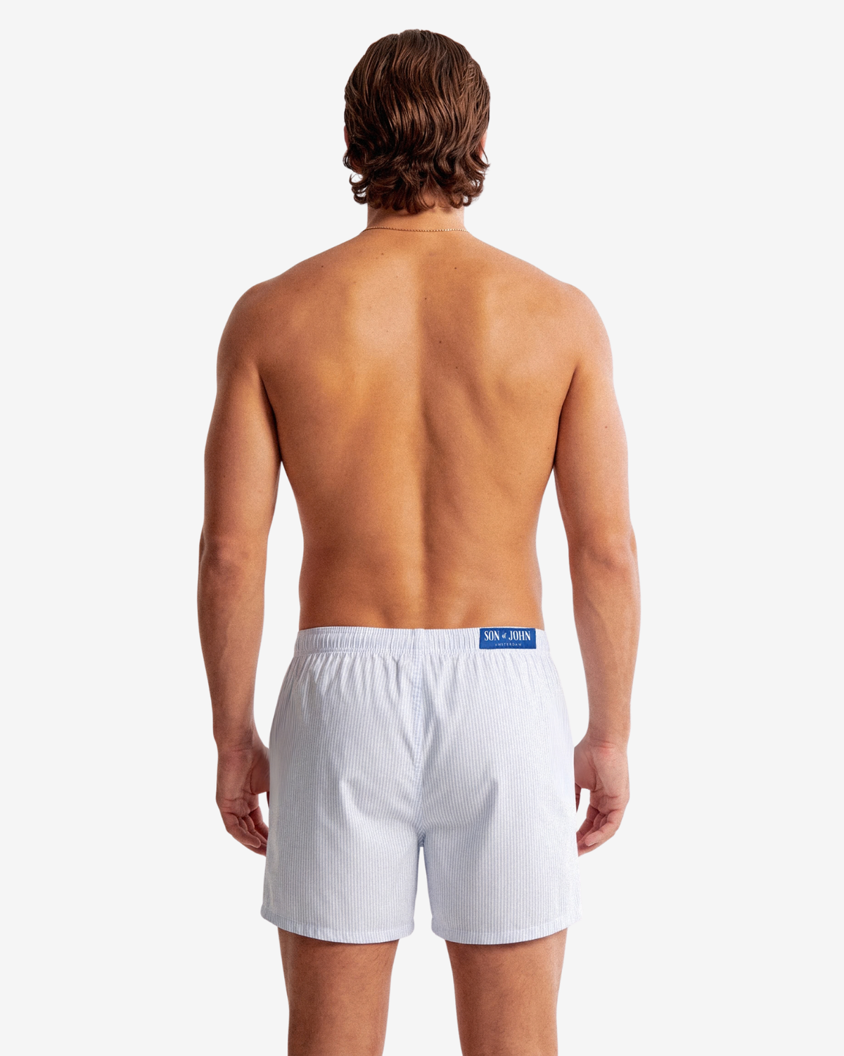 Model wearing Son of John Light Blue Pinstripe boxer shorts, back view