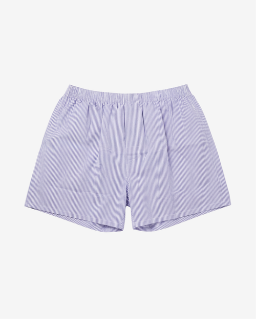 Son of John Lilac Pinstripe boxer shorts with a fine lilac and white pinstripe, flat lay