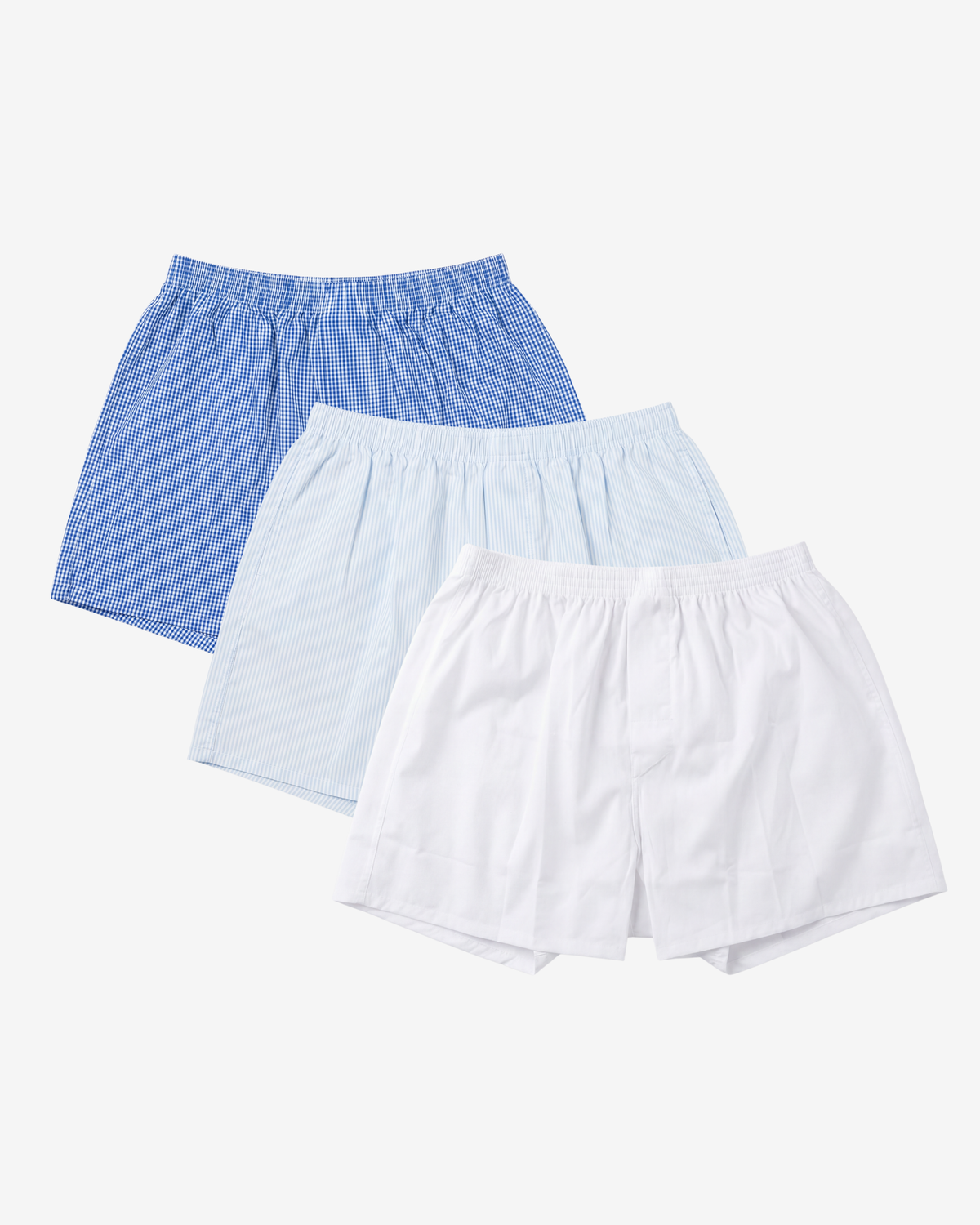 Son of John 3-pack Harbour Light: Marine Gingham, Light Blue Pinstripe and Alpine White boxer shorts, flat lay