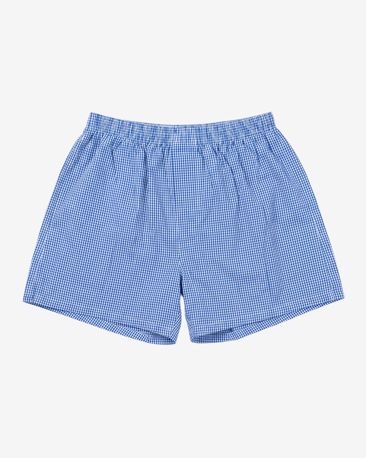 Son of John Marine Gingham boxer shorts in blue and white gingham check, flat lay