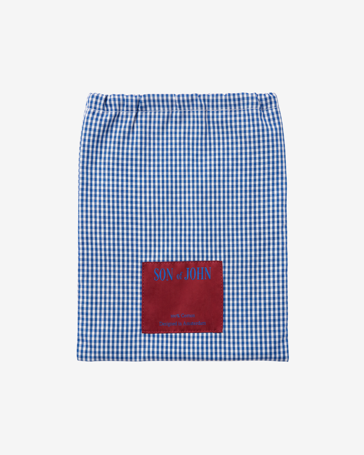 Marine Gingham boxer shorts folded in a matching gingham pouch with the dark red Son of John label