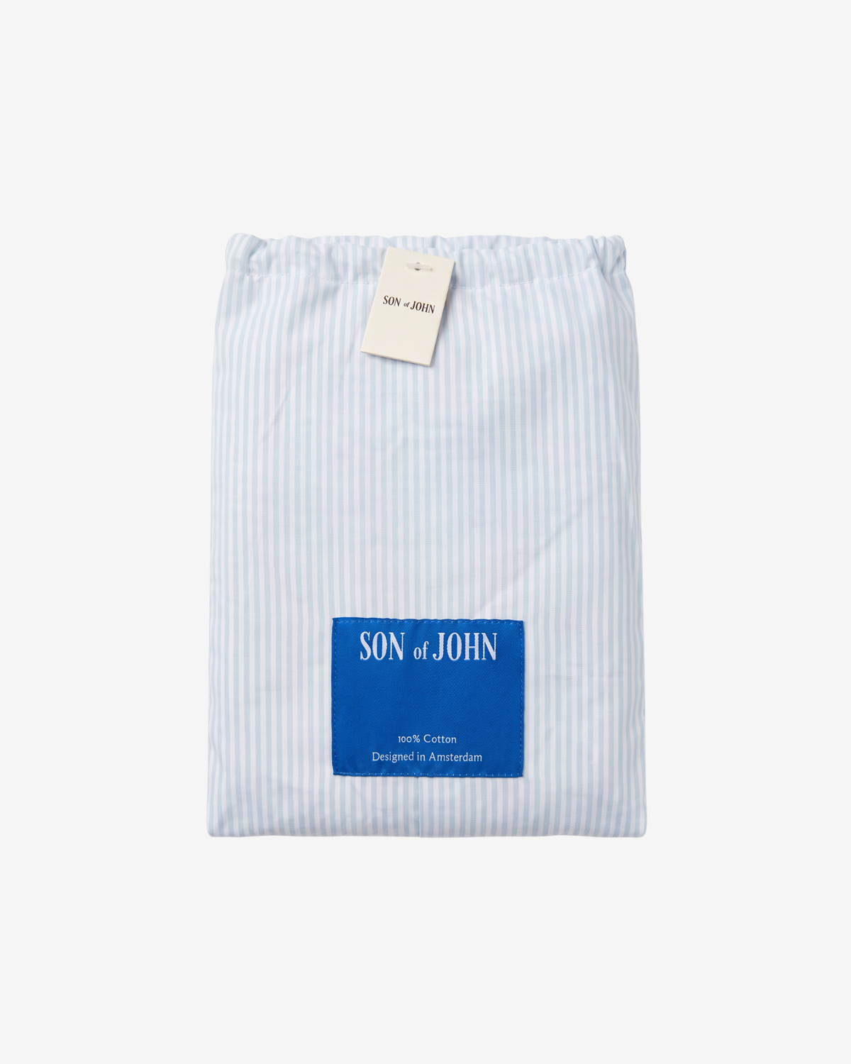 Light Blue Pinstripe boxer shorts folded with hang tag and the blue Son of John label