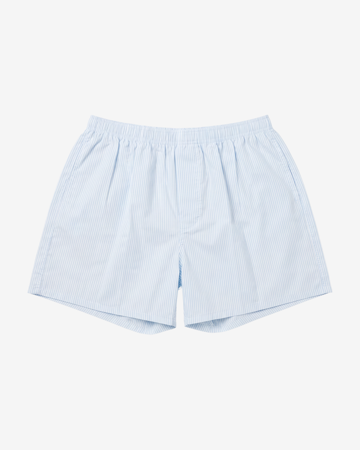 Son of John Light Blue Pinstripe boxer shorts with a fine light blue and white pinstripe, flat lay