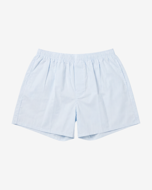 Son of John Light Blue Pinstripe boxer shorts with a fine light blue and white pinstripe, flat lay