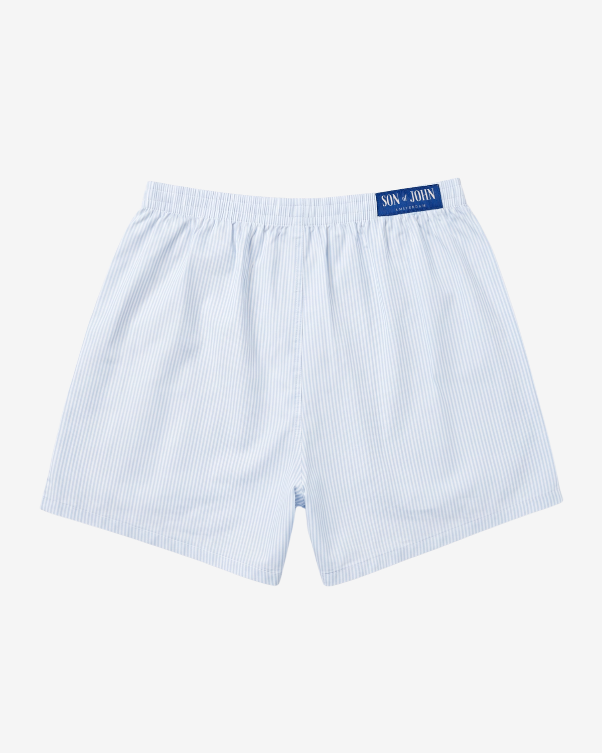 Back of the Son of John Light Blue Pinstripe boxer shorts with the blue label, flat lay