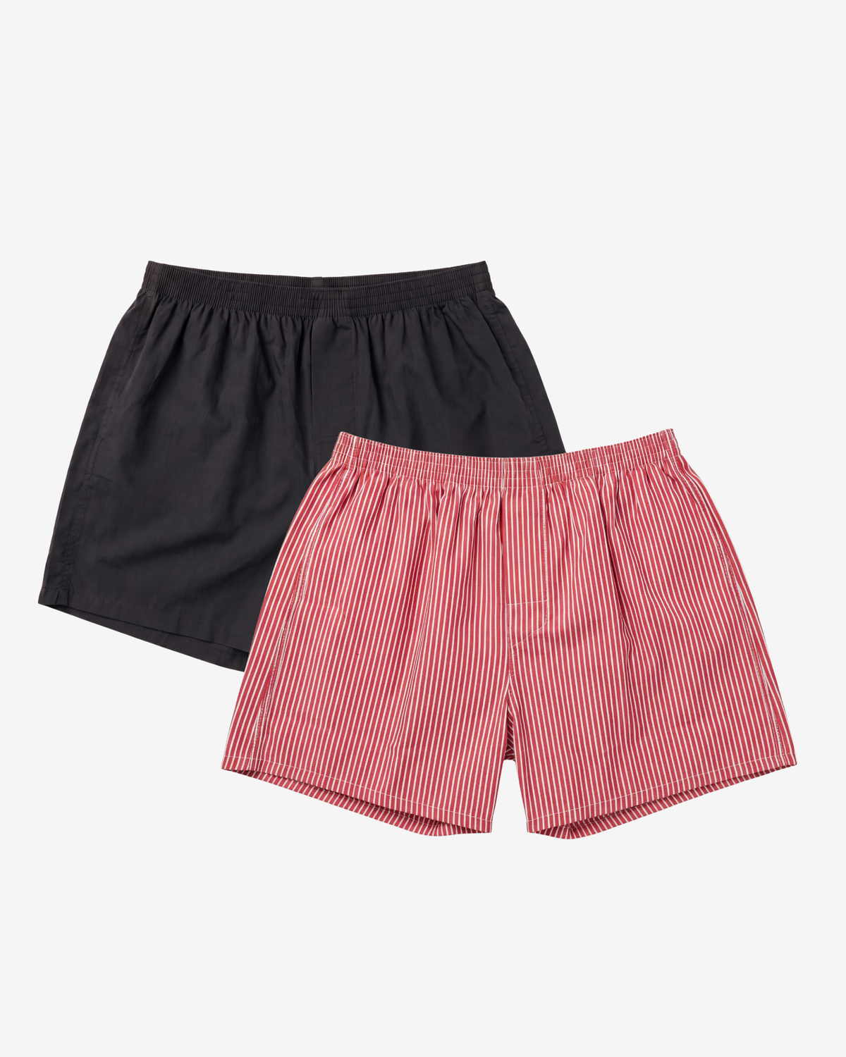 Son of John 2-pack Bold Basics: Jet Black and Red Bengal boxer shorts, flat lay