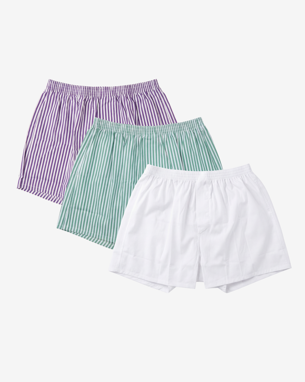 Son of John 3-pack Garden Party: Indigo Stripe, Evergreen Stripe and Alpine White boxer shorts, flat lay