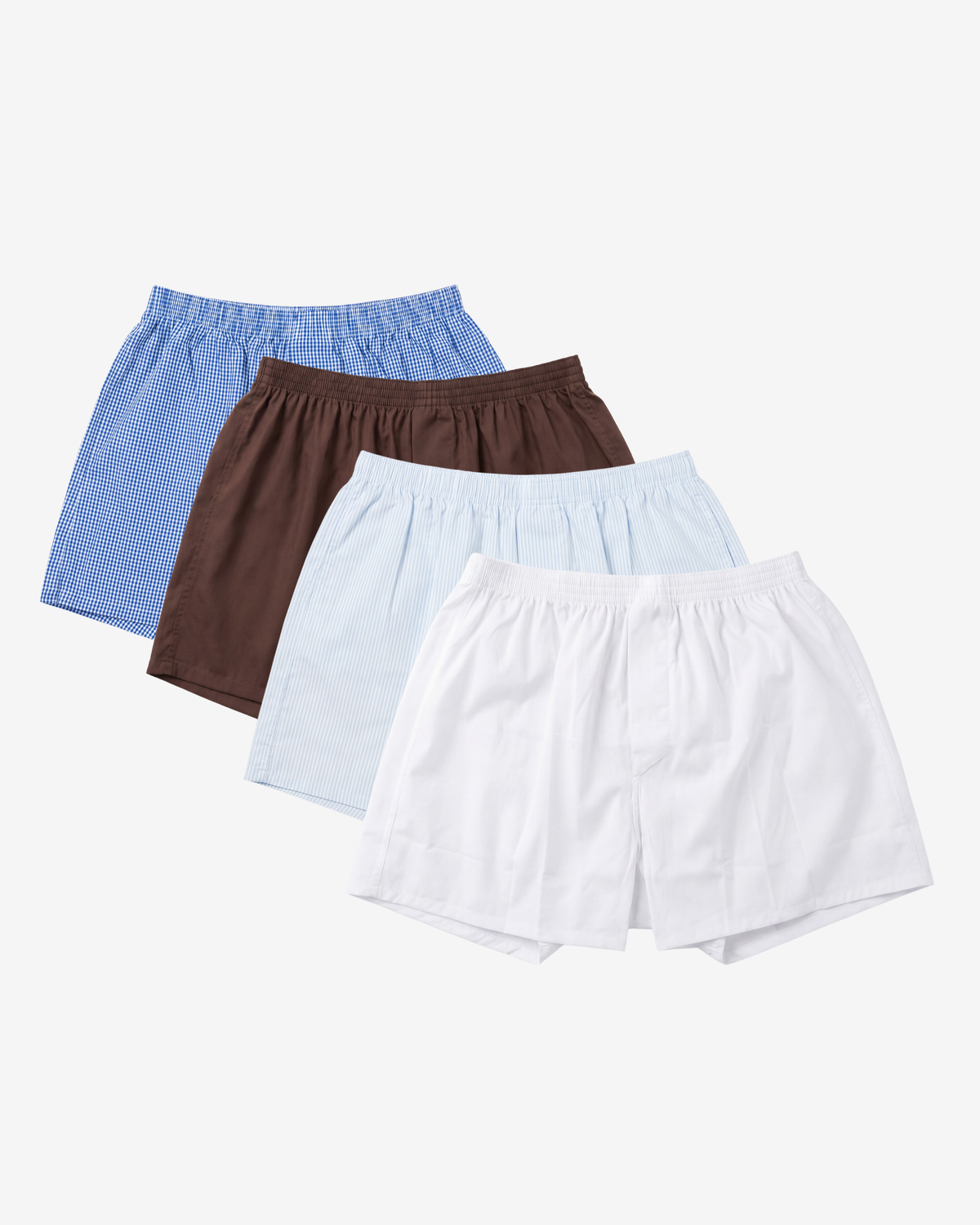 Son of John 4-pack New Essentials: Marine Gingham, Espresso Brown, Light Blue Pinstripe and Alpine White boxer shorts, flat lay