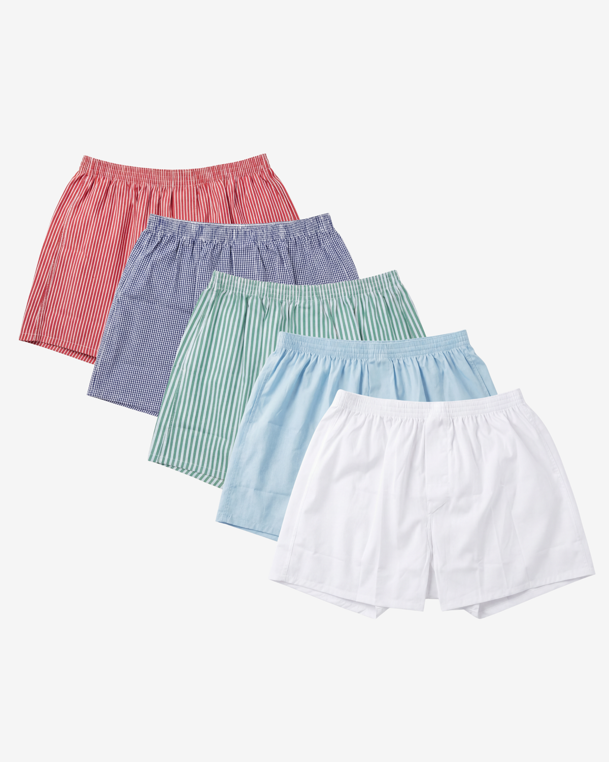 Son of John 5-pack The Spectrum: Red Bengal, Navy Gingham, Evergreen Stripe, Horizon Blue and Alpine White boxer shorts, flat lay