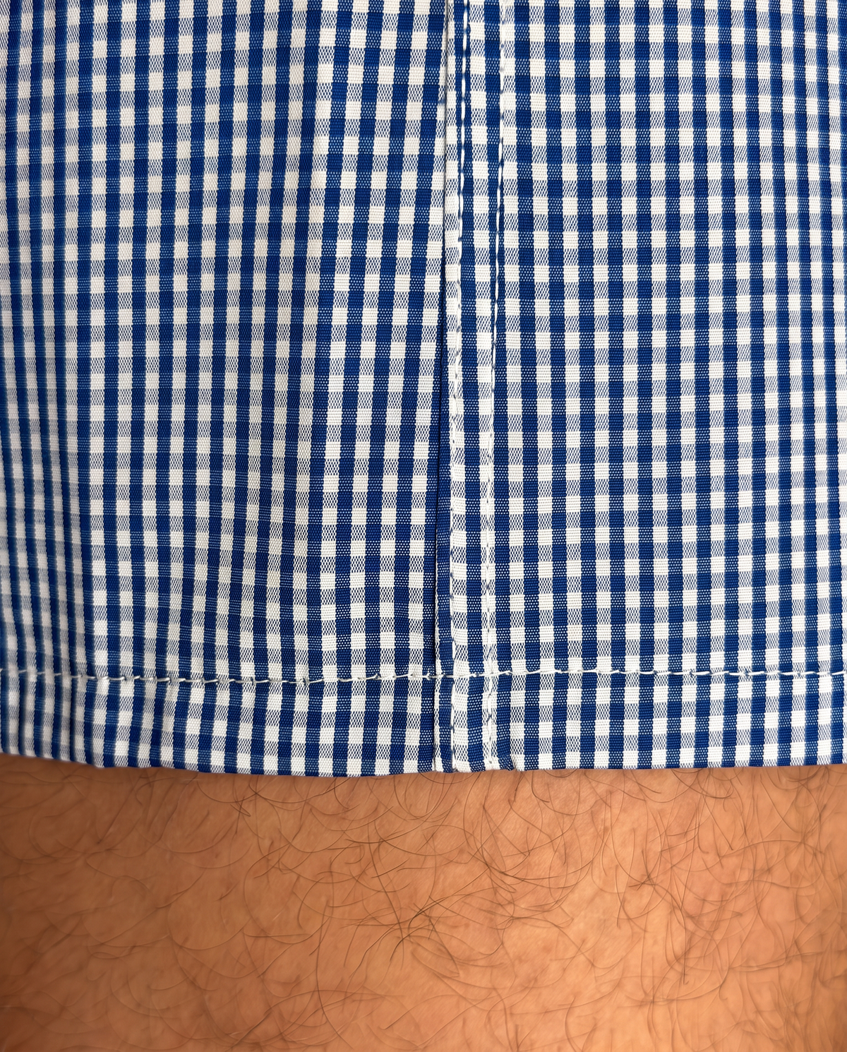 Close-up of the blue and white gingham check of the Marine Gingham boxer shorts